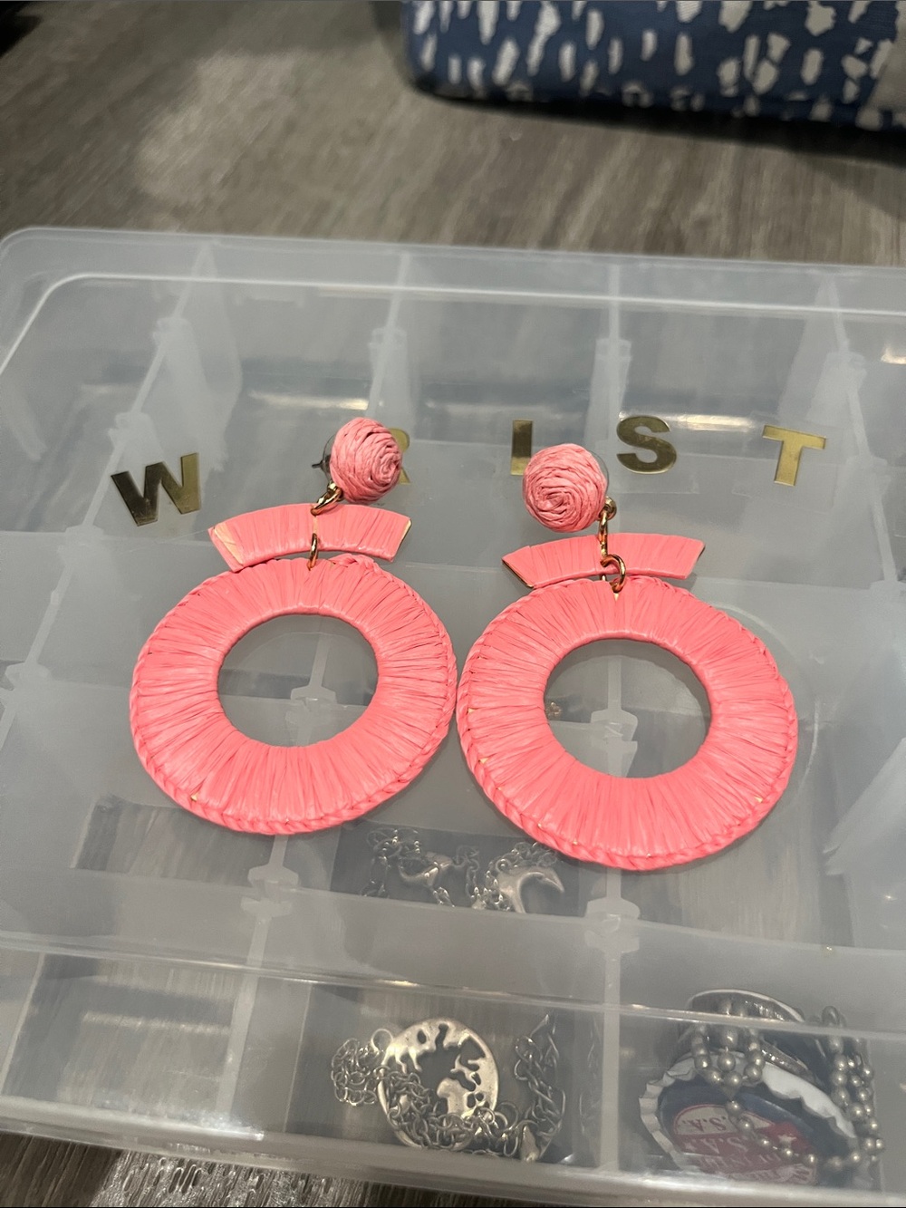 Amazon Coral Pink Raffia Hoop Drop Earrings with Gold Accents